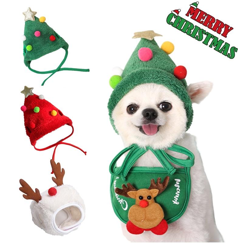 Festliches Hunde Katzen Weihnachts Hut Lätzchen Set – Rot/grün/weiß Polyester