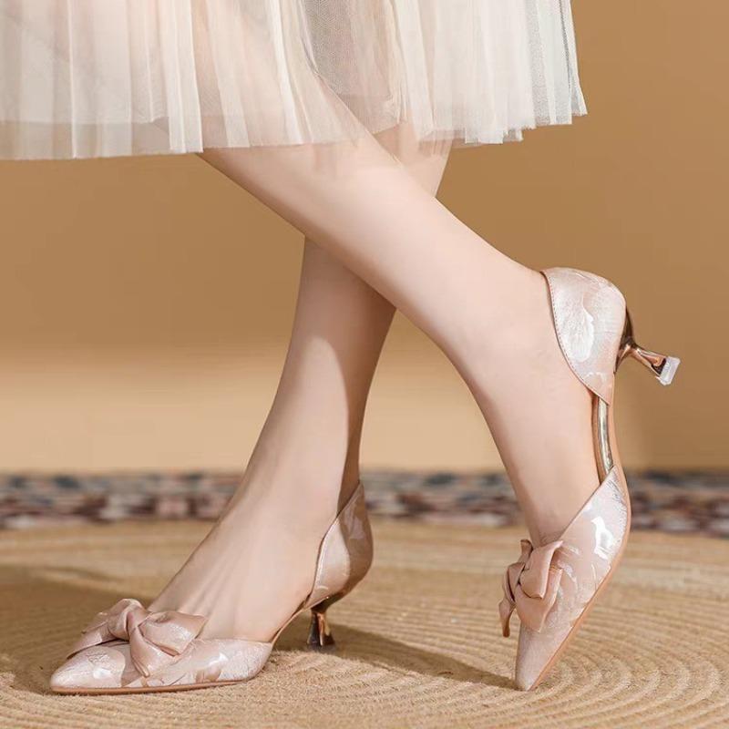 Summer New High Heels Pointed Head Shallow Mouth Flannelette Rhinestone Butterfly Knot Anti-slip Wear-resistant Single Shoes