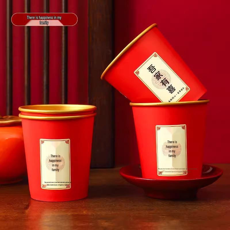 Red and Gold Foil Wedding Anniversary Disposable Cups - Thickened Engagement Tea or Water Cups