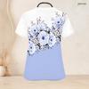 Women Plus Size Blue Printed Scrub Top Keyhole Neck Short Sleeve Nurse Uniform With Front Pockets