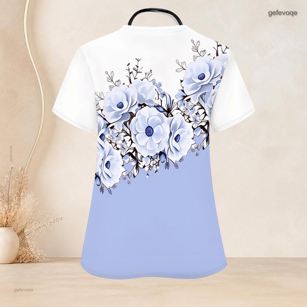 Women Plus Size Blue Printed Scrub Top Keyhole Neck Short Sleeve Nurse Uniform With Front Pockets