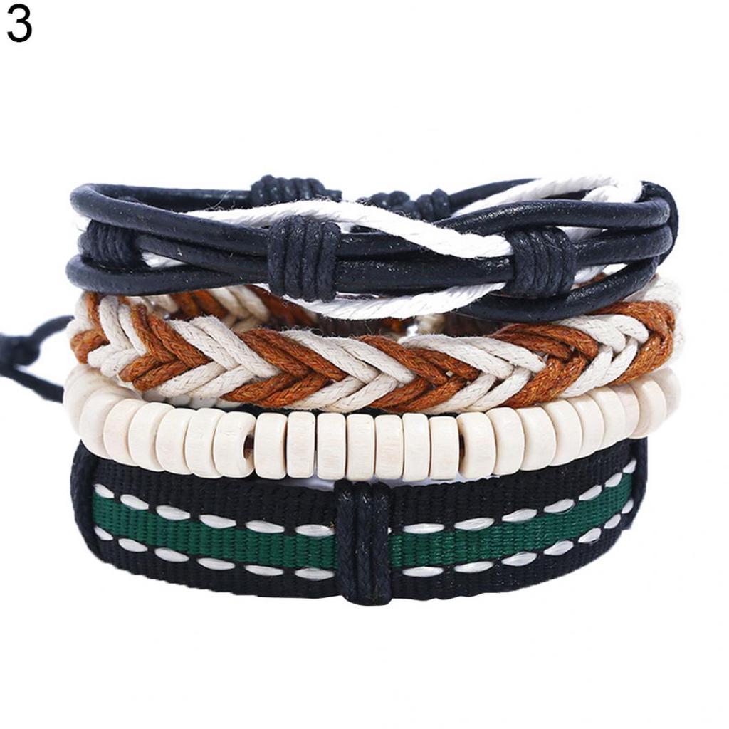 4Pcs/Set Multi-layer Men Bracelet Adjustable Rope Wristband Jewelry