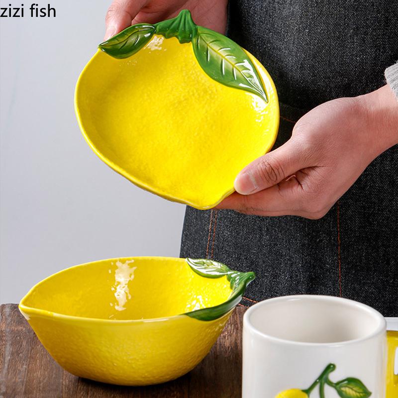 Hand Drawn Relief Ceramic Plate Lemon Shaped Pasta Plate Dessert Snack Plate Salad Bowl Yogurt Bowl Lemon Mug Creative Tableware