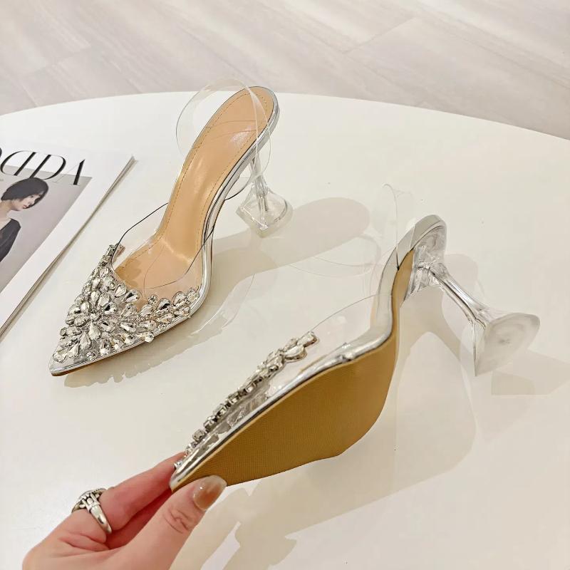 Summer Women's High Heels Pointed Rhinestones Transparent Sexy Wine Glass Heels Fashionable All-match Closed Toe Sandals