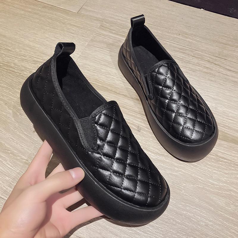 Quilted Short Plush Platform Loafers Warm Winter Shoes Thick Sole Casual Women's Shoes Autumn Comfortable Slip-On Flats Size 35