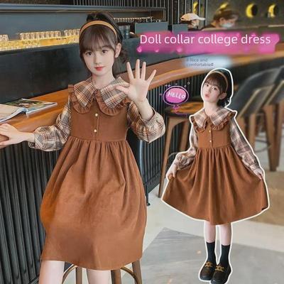 Girls' College Style Plaid Dress – Long-Sleeve, Two-Piece Look for Spring/Autumn