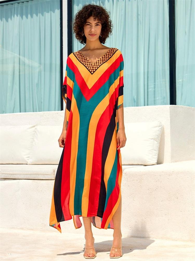 EDOLYNSA 2024 Colorful Striped Printed Plus Size V-neck Bat Sleeve Kaftan Women Boho Beach Dress Cozy House Robe Swimsuit Cover Up