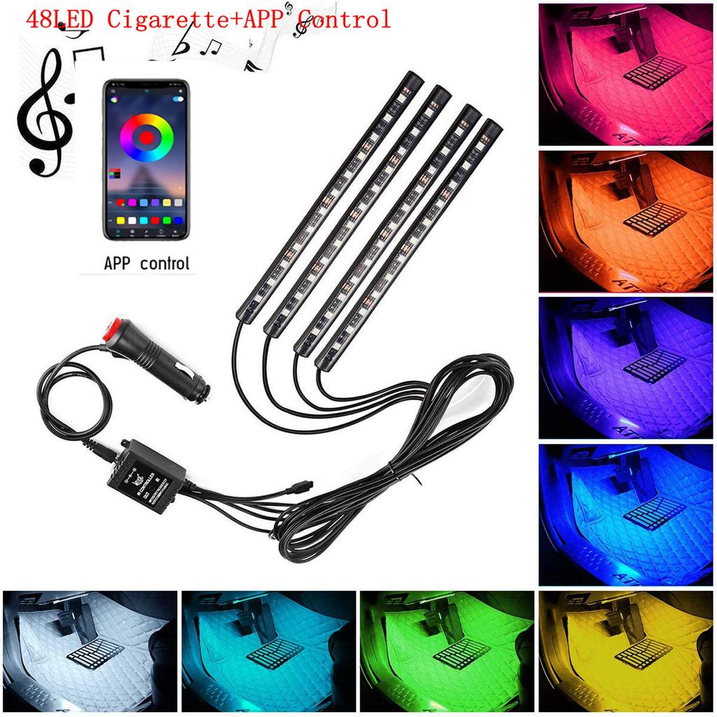 LED interiér auta pruh ambientního nožního světla Sada neonové osvětlení Sada podsvícení s aplikací USB Remote App Ovládání hudby Automatické RGB dekorativní lampy