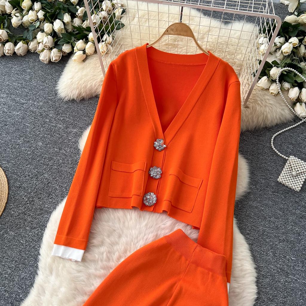 Winter Strickwaren Damen Anzüge Langarm Diamantknöpfe Oberteile+Freizeithosen mit weitem Bein Locker Warme Pullover-Sets