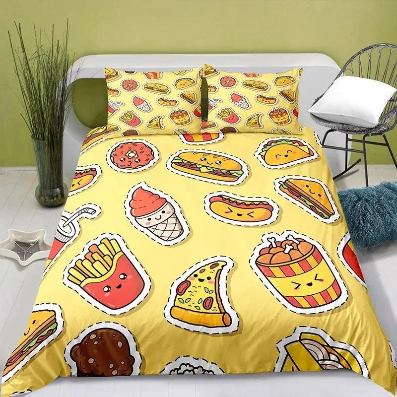 Lovely Cartoon Food King Queen Duvet Cover Pearl Milk Tea Bedding Set Kids Teens Adults Dessert Fries Cola Polyester Quilt Cover