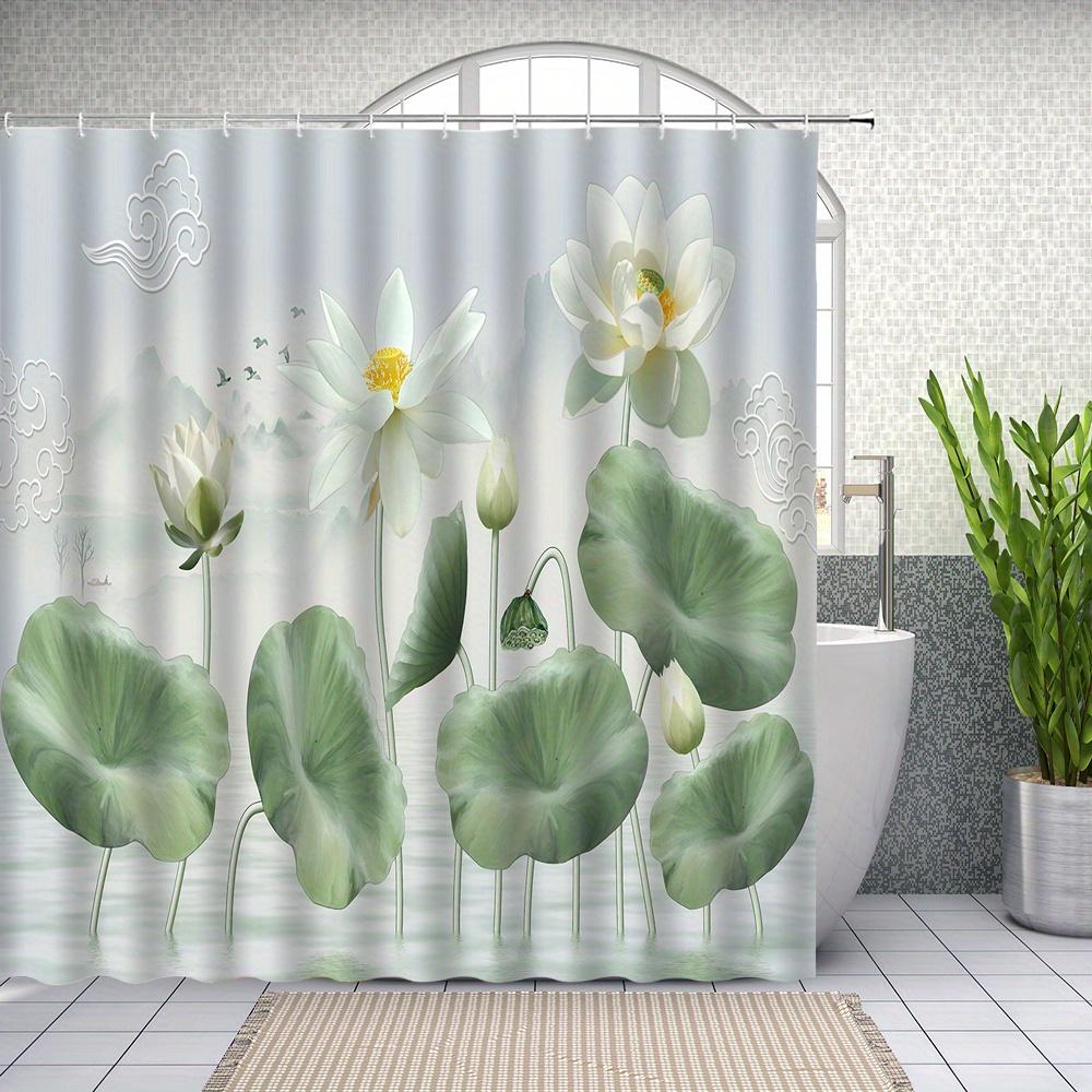 1pc Lakeside Serenity Shower Curtain - Water Lilies & Lotus, Misty Mountains, Pastel Sky,Peaceful Bathroom Decor
