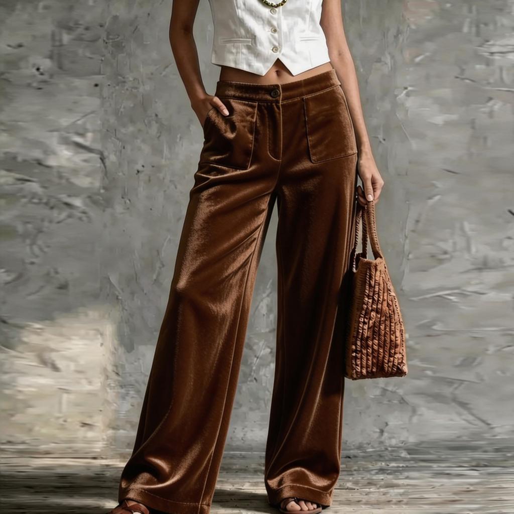 Women's Velvet High Waist Straight Leg Casual Pants with Pockets, Loose Fit Color