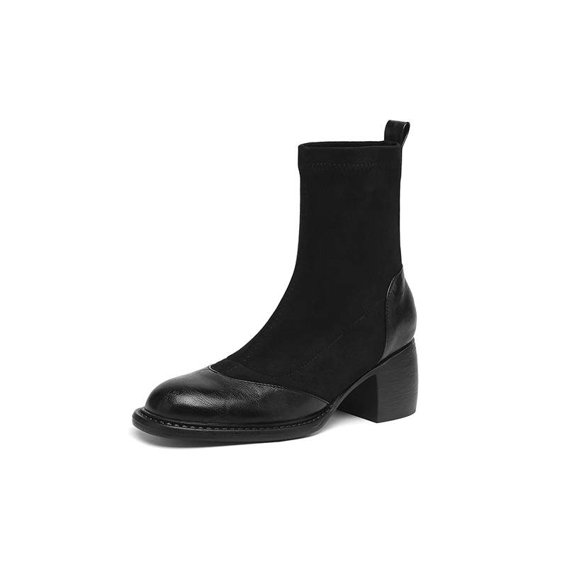 Krazing Po Microfiber Flock Winter Round Toe Size 33 Chelsea Boots Size 43 Zipper Thick High Heels Elastic Ankle Boots