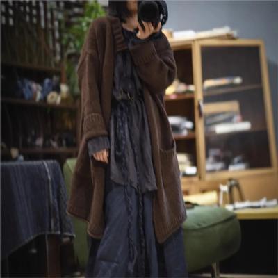 Damen Vintage Winterpullover Einfarbige Strick-Knopfleiste Patchwork-Taschen Langarm-Pullovermäntel