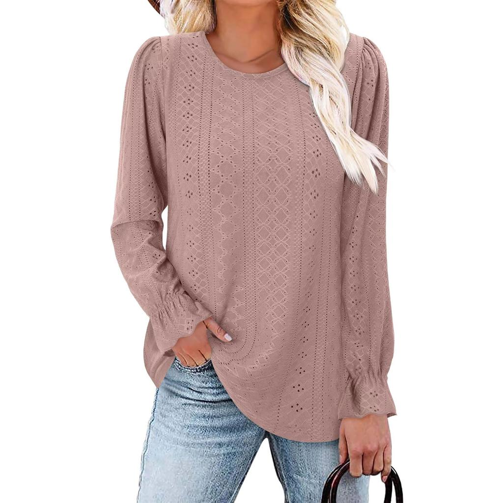 Women's Fashionable Solid Color Round Neck Long Sleeved Casual Loose Top