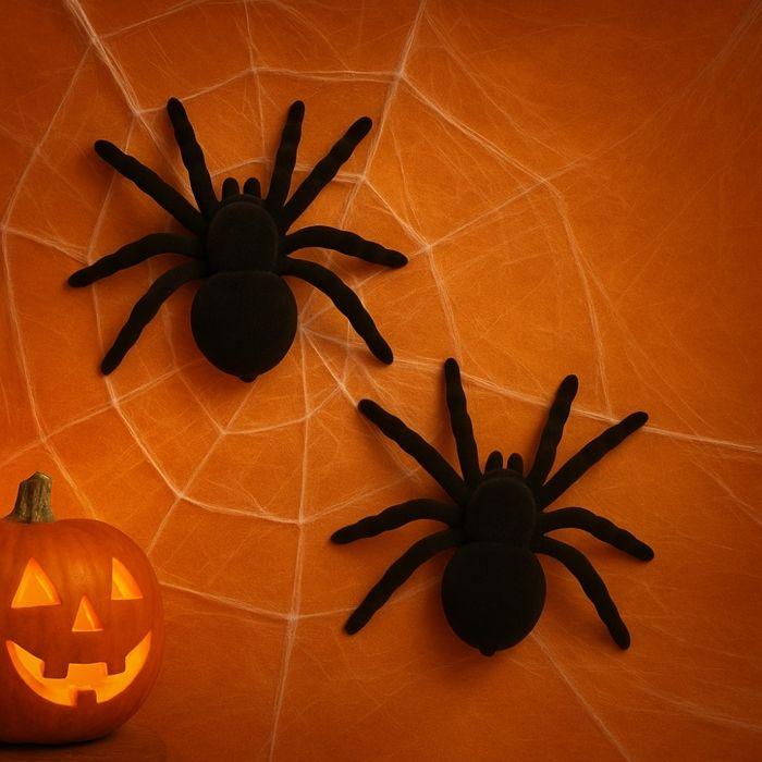 Décoration Halloween - SIROCO - Lot de 2 Grandes Araignées Velours 10 cm - Noir - Réaliste - Réutilisables