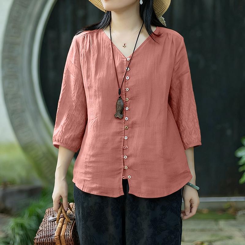 ZANZEA Women V-Neck Solid Color Loose 3/4 Sleeve Blouse