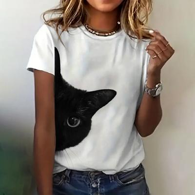T-Shirt Damenbekleidung Katze 3D-Druck Sommer Rundhalsausschnitt Atmungsaktiv Kurzarm Mode Lässiges Oberteil Lose Damen T-Shirt