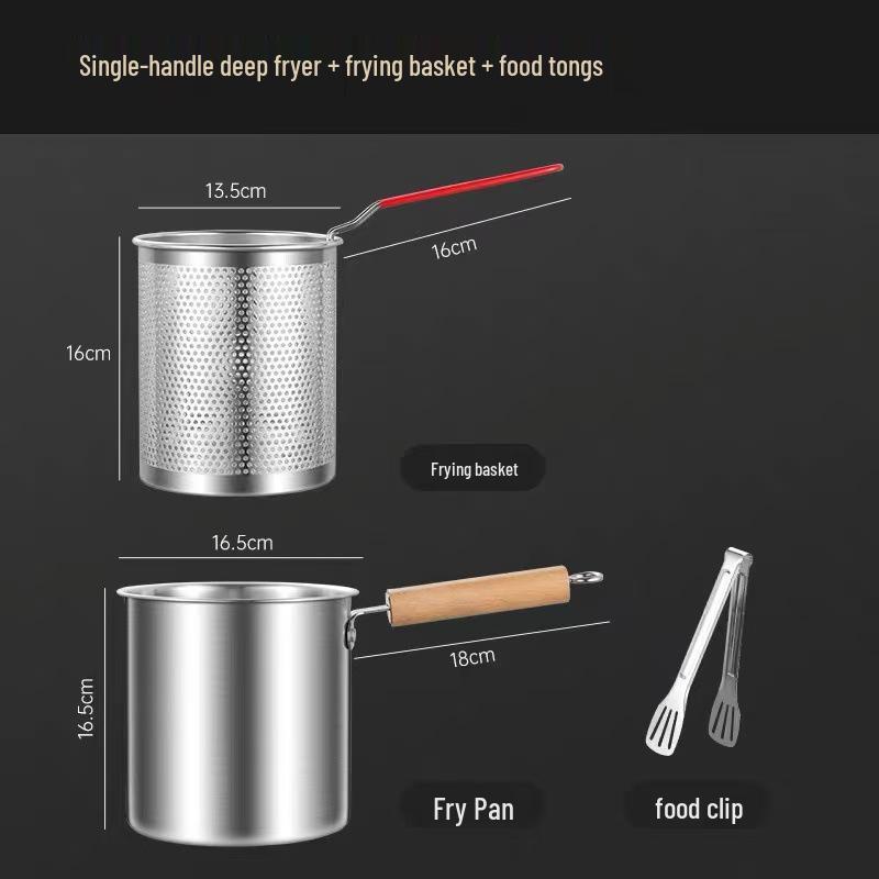 304 Stainless Steel Deep Fryer with Wooden Handle and Filter Basket for Induction Cooker