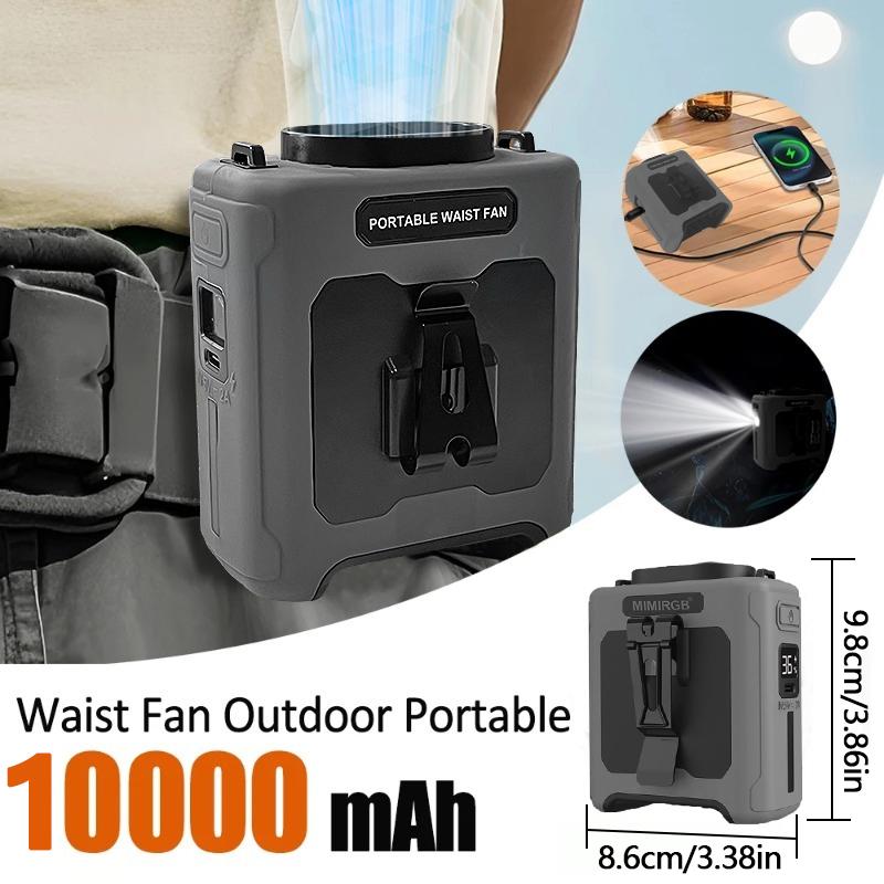 10000mAh Portable Waist Clip Fan with LED Light and Power Bank Strong Airflow Cooling Fan for Outdoor Play and Work