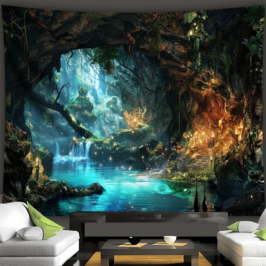 Fantasy Cave Waterfall Tapestry, Glowing Underground River And Lights, Mystical Landscape Wall Hanging For Bedroom
