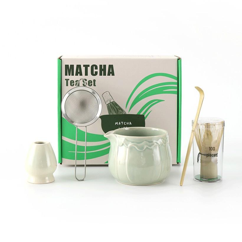 Ceramic Japanese Matcha Tea Ceremony Set with Hundred-Pronged Whisk, Holder, and Brush