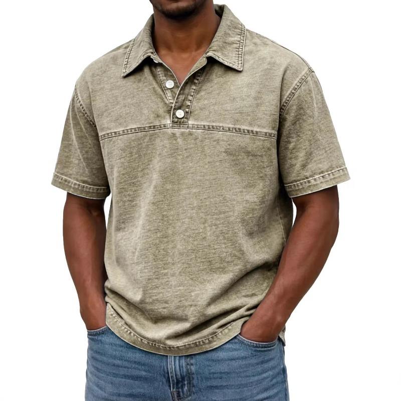 Herren Hellbraunes Gewaschenes Poloshirt Umlegekragen Lässig Lockerer Schnitt Kurzarm Pullover
