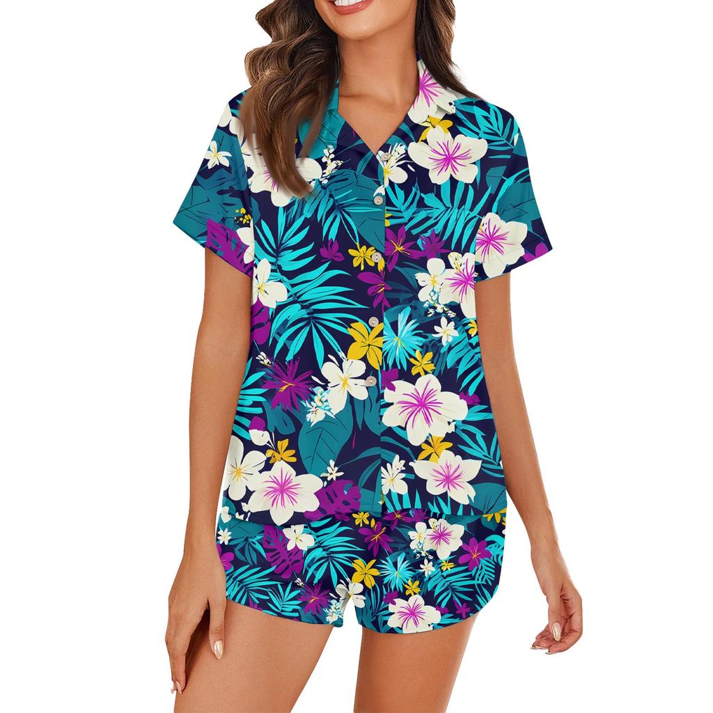 Women's Ice Silk Pajamas Button Homewear Hawaiian Print Short Sleeve Satin Pajama Set
