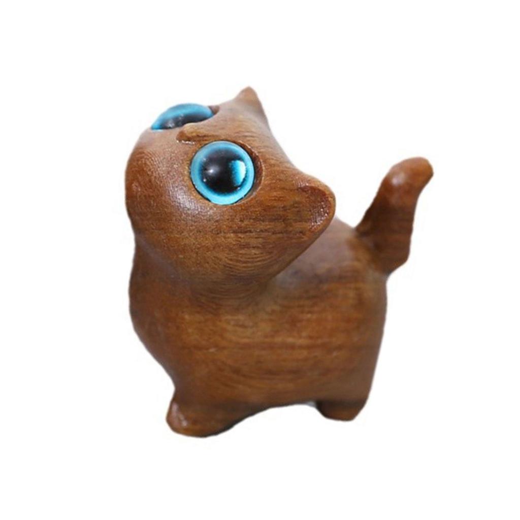 Handcrafts Wooden Cats Figurine with Unique Eyes Carved Kitten Miniature Ornament for Home Decors and Art Collectors