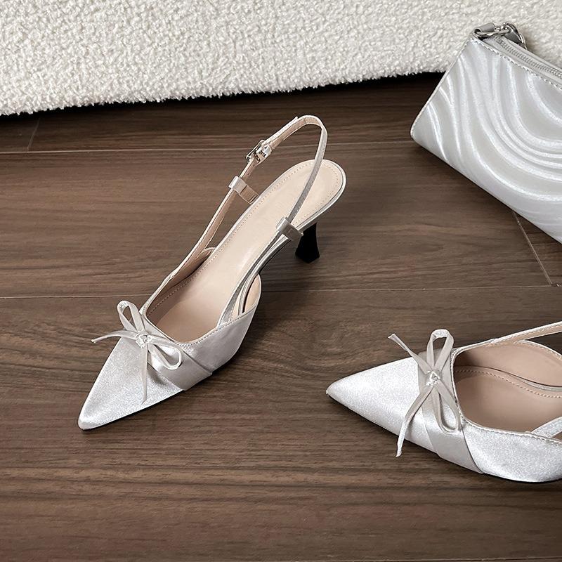 Sheepskin Beautiful Sandals Women's Summer Bag Head Bow Stiletto Back Empty High Heels Pointed Kitten Heel Single Shoes