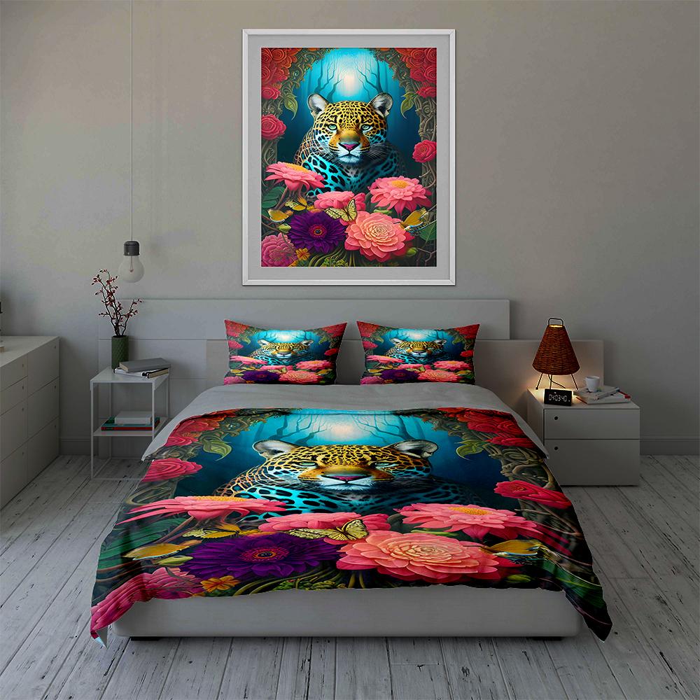 Leopard Floral Jungle Bedding Duvet Cover Sets Duvet Covers Pillowcases Gifts (1 * Duvet Cover 2 * Pillowcases, Without Duvet Insert)