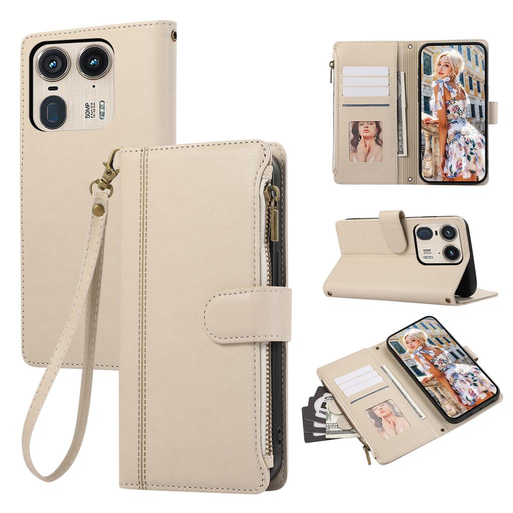 For Motorola Edge 50 Ultra 5G Case Multi Card Slots Zipper Leather Phone Cover with Wrist Strap