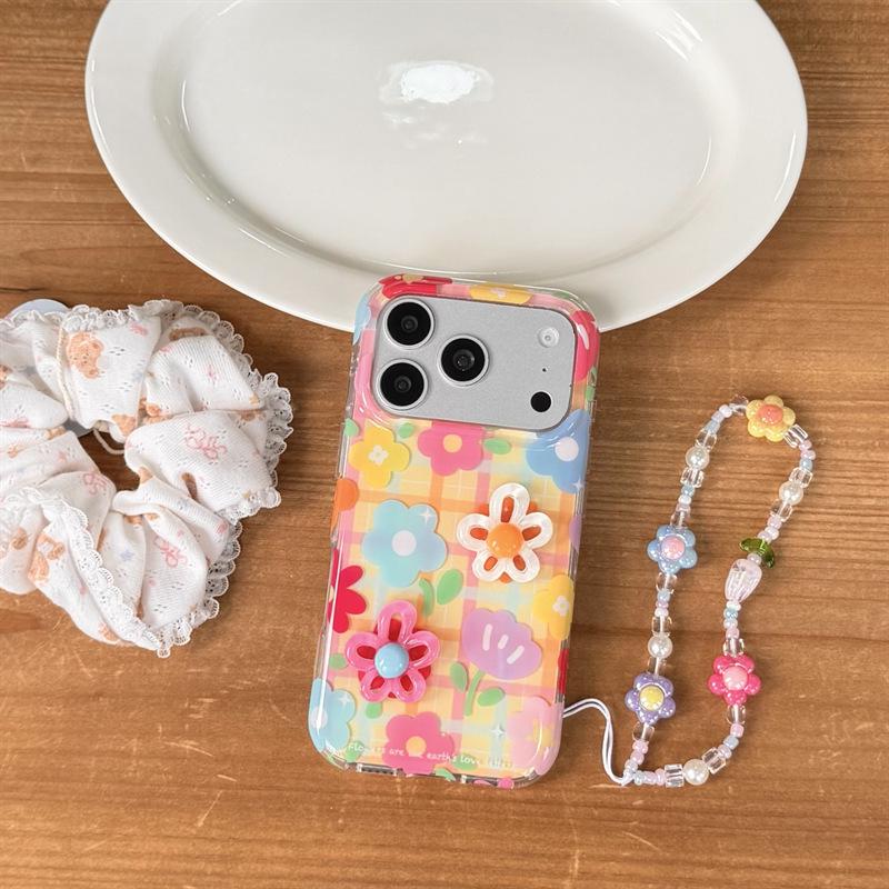 Colorful Plaid 3D Flower Case for iPhone 17, 16 Pro Max, and 15 Pro
