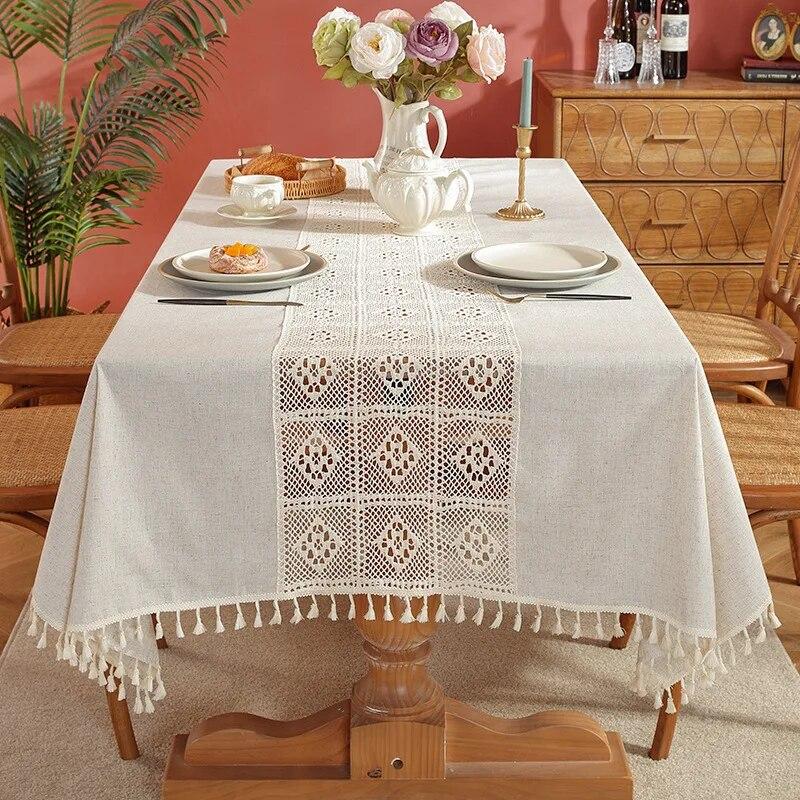 Toalha de mesa de costura de renda estilo pastoral, toalha de mesa de luxo leve de cor sólida para decoração de mesa de festa de casamento em casa