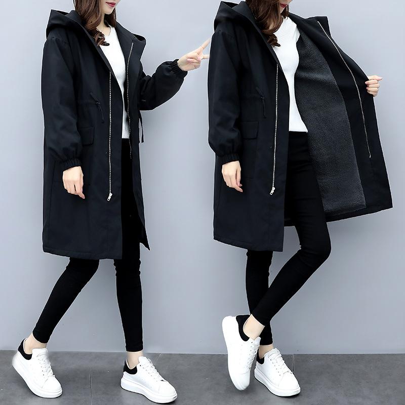 Womens Mid-length Autumn and Winter Comfortable Fit Thickened Windbreaker Hooded Large-size Black Cotton Jacket