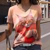 Summer Fashion Trend Casual Animal Cat Pattern Printed Short Sleeved V-neck Women's T-shirts