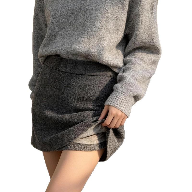 Women's High Waist Gray Wool Blend A-line Skirt - Petite Plus, Autumn/Winter 2026 Collection, Elastic Hip Wrap, Short Length