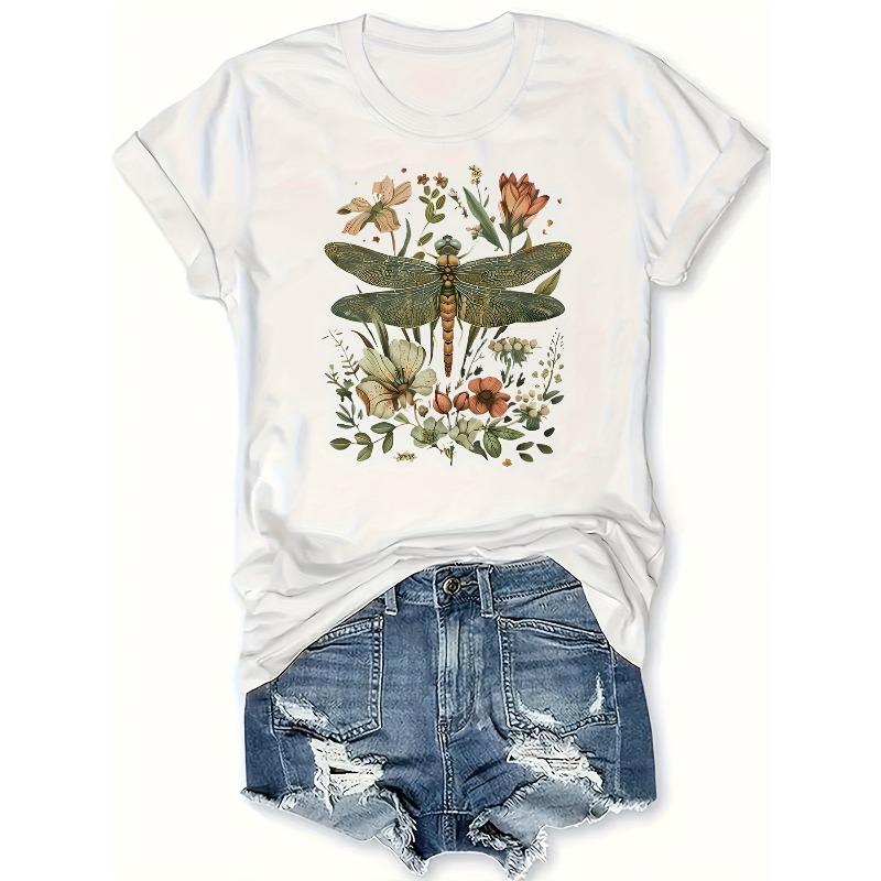 European Size Womens Floral Dragonfly Print T Shirt Bohemian Style Round Neck Slim Fit Short Sleeve Stylish Casual Spring Summer Wear Top