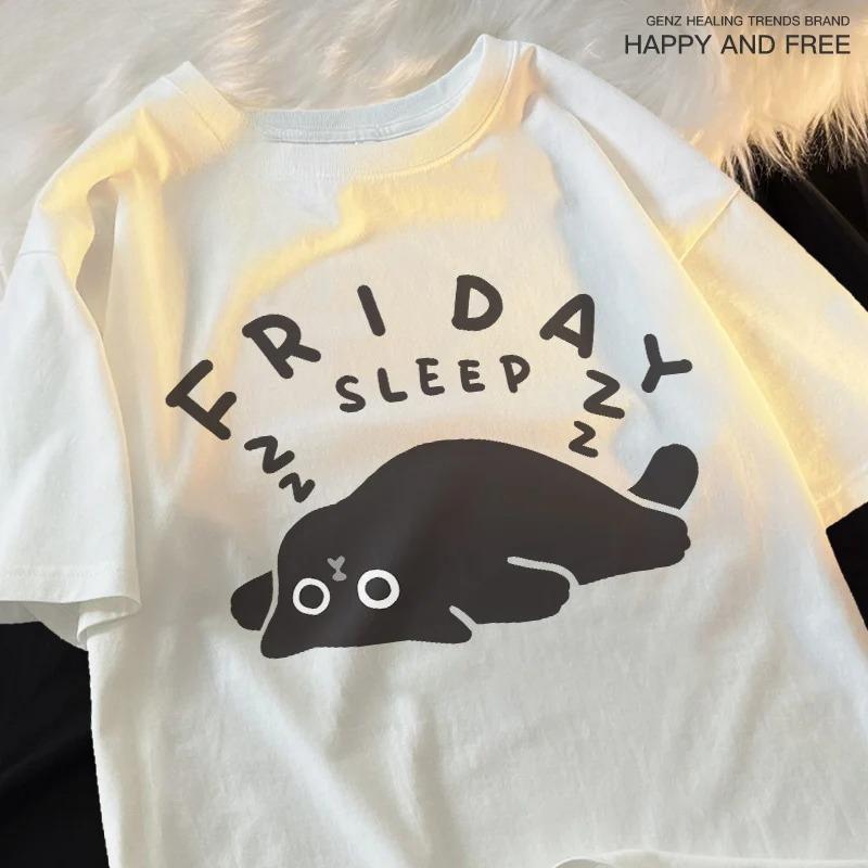 

Понедельник Сон Веселье Унисекс Кошачий Стиль Летняя Футболка с Коротким Рукавом для Женщин Япония Парная Веселая Одежда Уличная Хип-Хоп Футболка 4XL