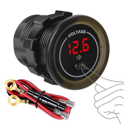 Battery Voltage Meter, Waterproof Voltmeter Gauge 12V, DC Volt Meter 12 Volt, LED Digital Voltmeter, Round Battery Monitor with Low Voltage Alarm