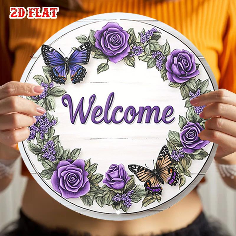 D Flat D Flat pc Purple Rose XRound Aluminum Sign Butterfly Round Aluminum Sign Floral Border Metal Tin Sign Welco