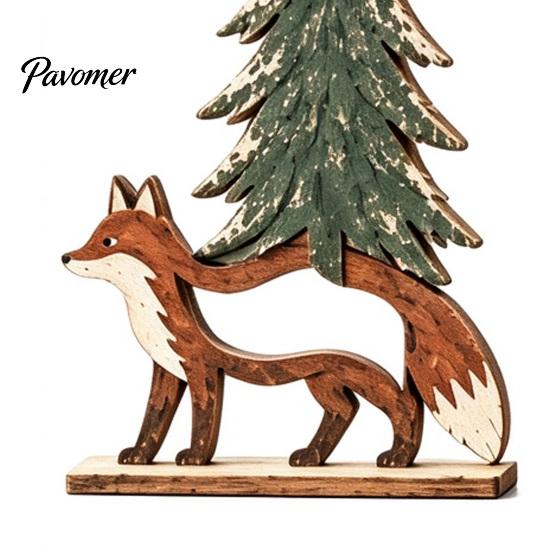 Tabletop Scene Display Accents 4Pcs Christmas Forest Friends Wooden Decor, Vintage Animal & Pine Farmhouse Style Winter Ornaments Tree Figurine, Table