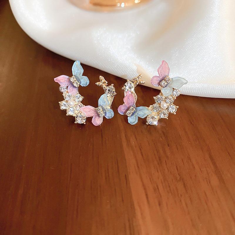 Blue Purple C-shaped Butterfly Stud Earrings Women Sweet Mori Flower Rhinestones Ear Studs Fashion Charms Jewelry Gift K