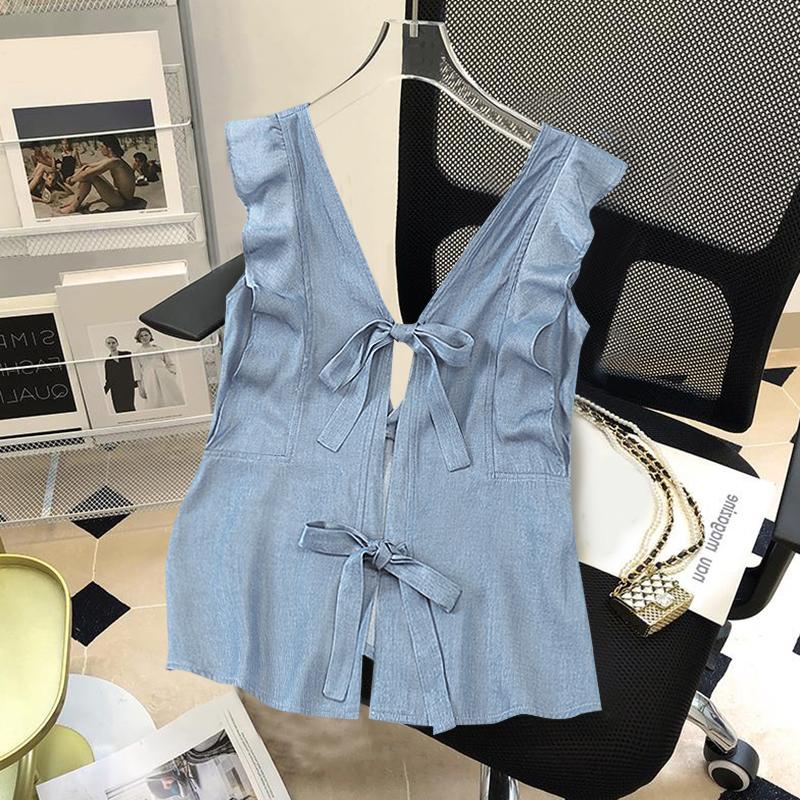 

VONDA Летние женские топы без рукавов с оборками, милые с бантом, на шнуровке, с открытой спиной 5XL светло-синий