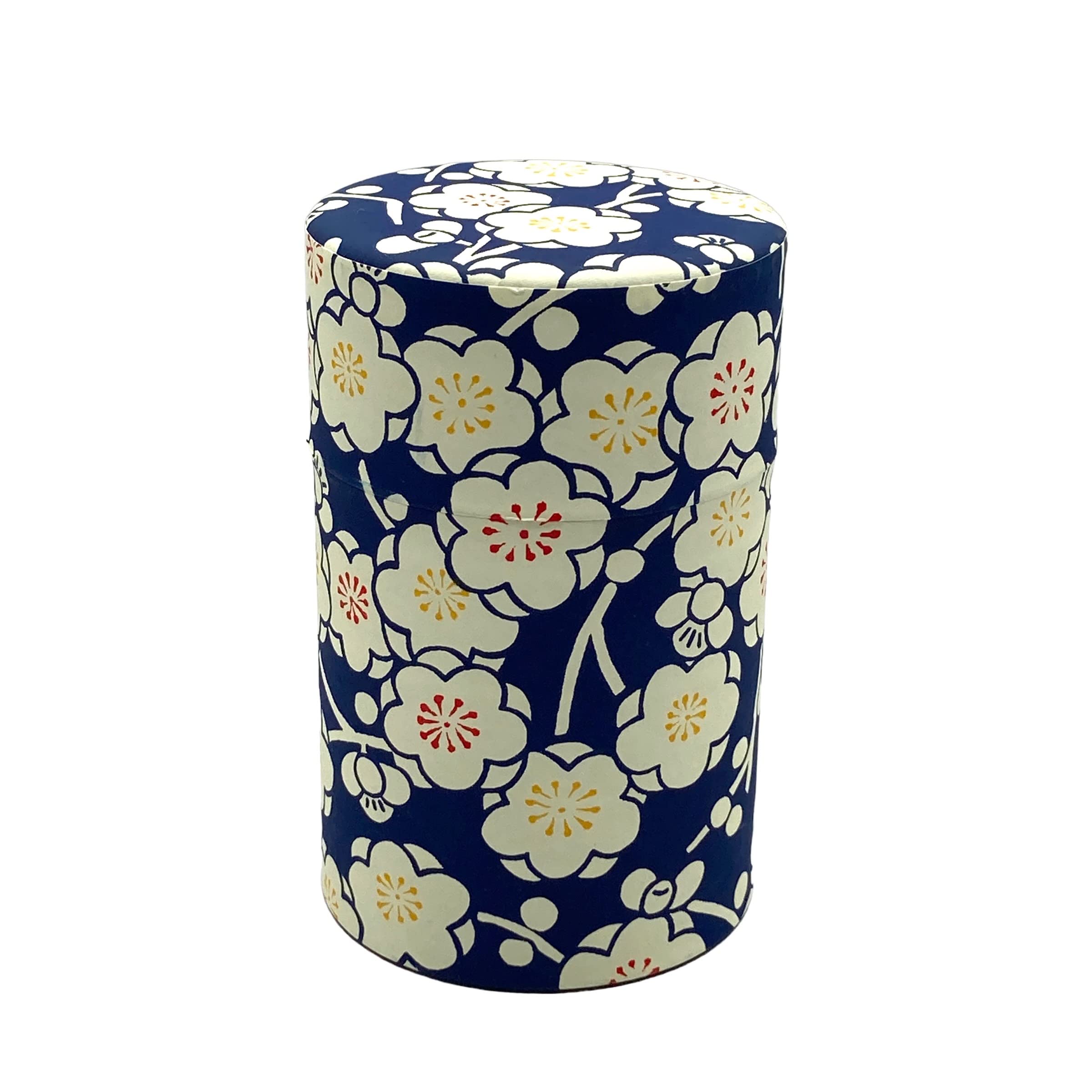 

Noguchi Kumataro Tea Garden Tea Caddy, 150g, with Washi Paper and Inner Lid, Plum Romantic Design, Made in Japan (Blue)