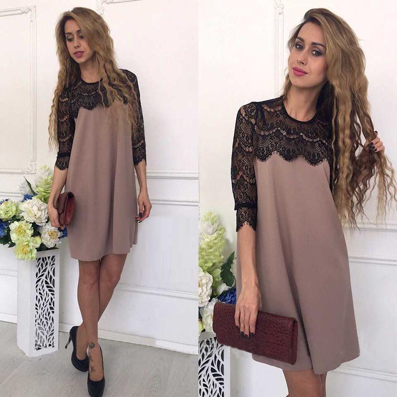 Elegant Women Pure Color Hollow Out Lace Splicing Dress For Stylish Occasions