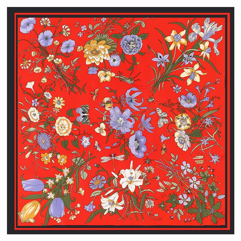 POBING Twill Silk Scarf Women Flowers Print Square Scarves Large Bandana Luxury Kerchief Hijab Scarf Female Foulards 130CM