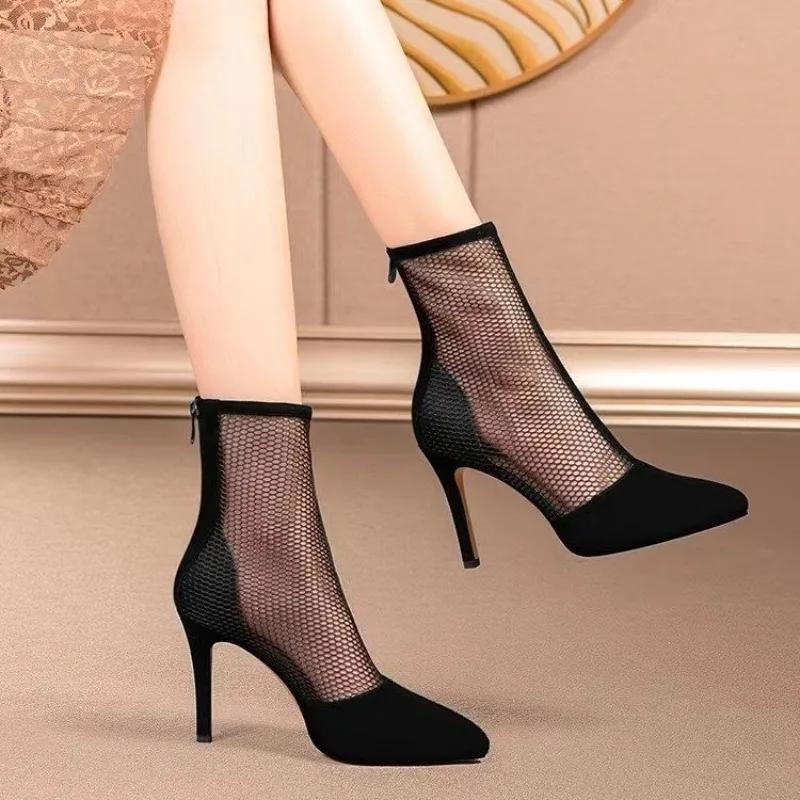 Sandales d'été mi-longues en maille à talons hauts, tendance 2024, grandes et confortables, à bout pointu, pour le printemps et l'automne