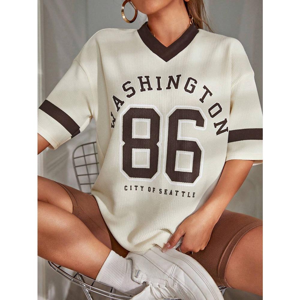 

Oversized T-shirt For Women V-Neck Short Sleeve Summer New Pink Patchwork Streetwear Tops Casual Football Jersey Y2k Tees XXS