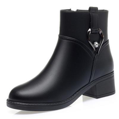 Fashion Women's Rhinestone Leather Boots Autumn Winter Warm Cotton Shoes Low Heel Round Head Side Zip Footwear Mother's Cotton Shoes